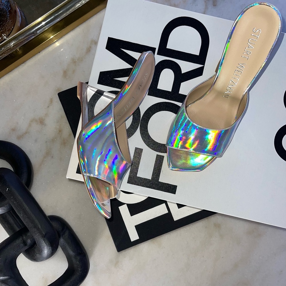 New Stuart Weitzman Rebel Lucite 110mm Wedge Mules in Silver Iridescent